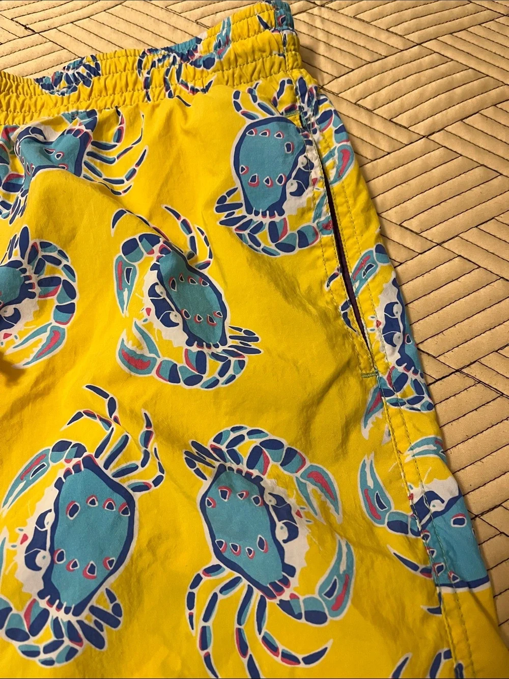 Ike Behar Yellow Swim Trunks with Blue Crab Print and Red Drawstring